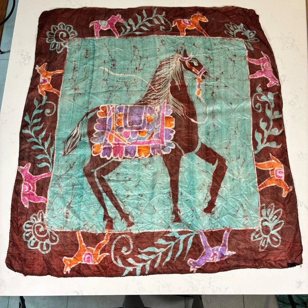 Sam Hilu Scarf Batik Silk Horse Print Wrap Wearable Art Equestrian Boho Chic